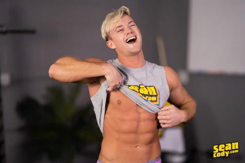 Brad Fury Horny muscle hunk strips out of tight shorts stroking huge thick cock at Sean Cody 2 porno gay pics - Brad Fury